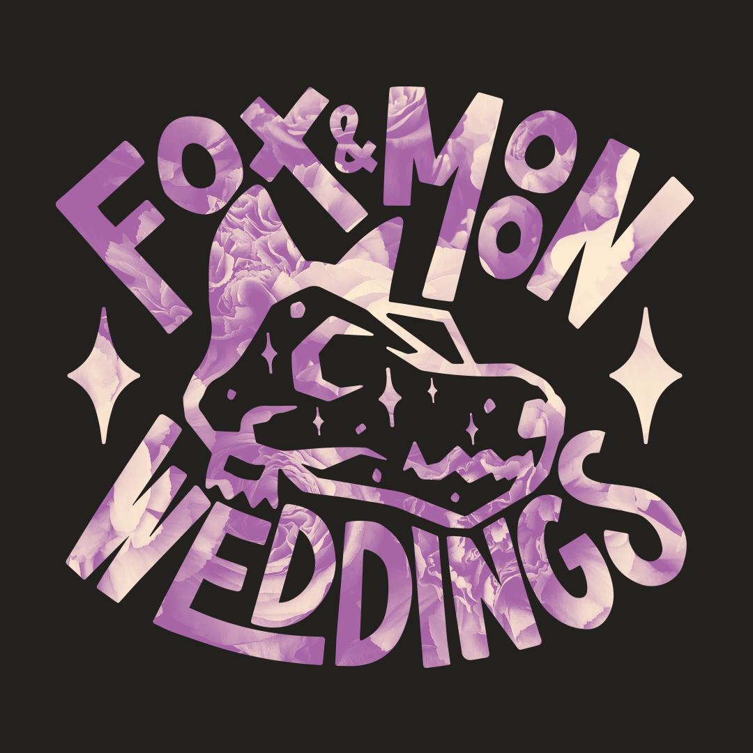 Graphic design featuring the text 'Foxy & Moxy Wettins' arranged in a circular layout with purple floral and galaxy patterns, and star-like sparkles on a black background.