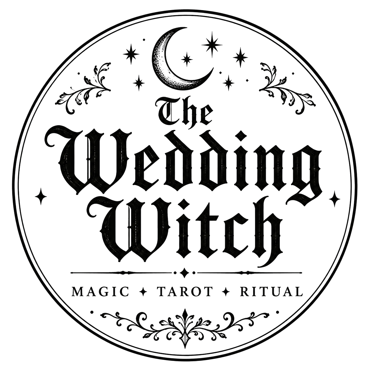 Dark circular logo with moon, stars, and ornate text reading 'The Witches' Witch' and 'Magic, Tarot, Ritual'.