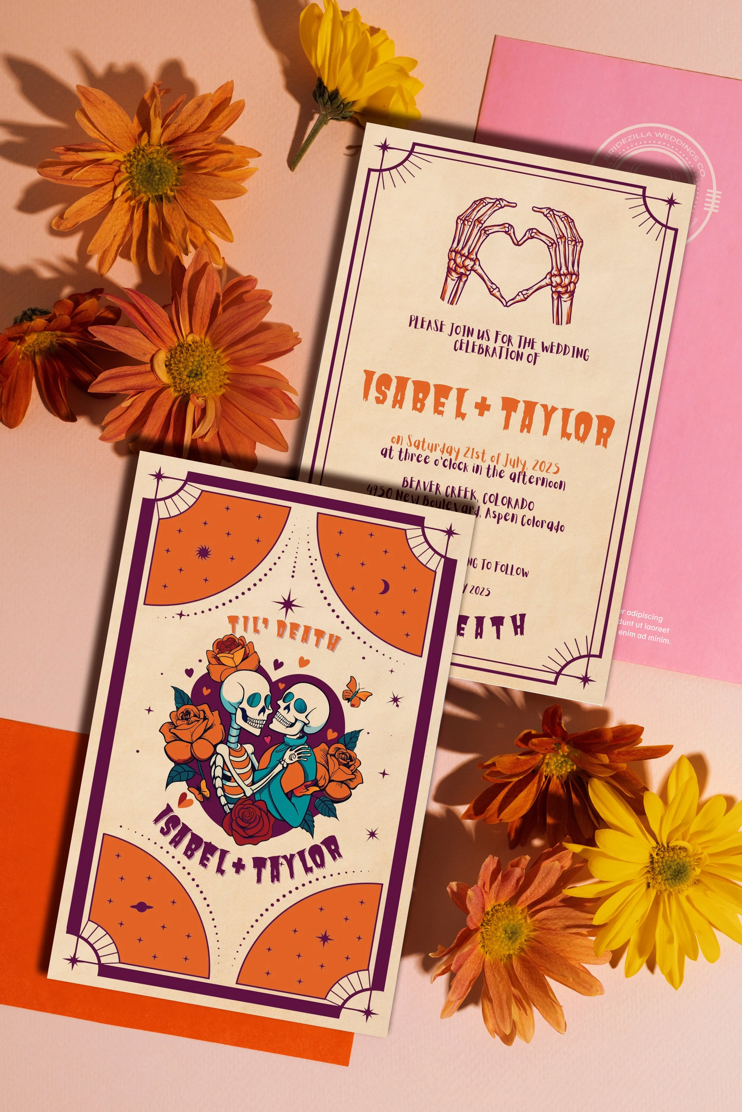 Wedding invitation cards with colorful illustrations, including skeletons making a heart shape and a couple of skeletons with roses, flowers, and decorative motifs, surrounded by orange and yellow flowers."