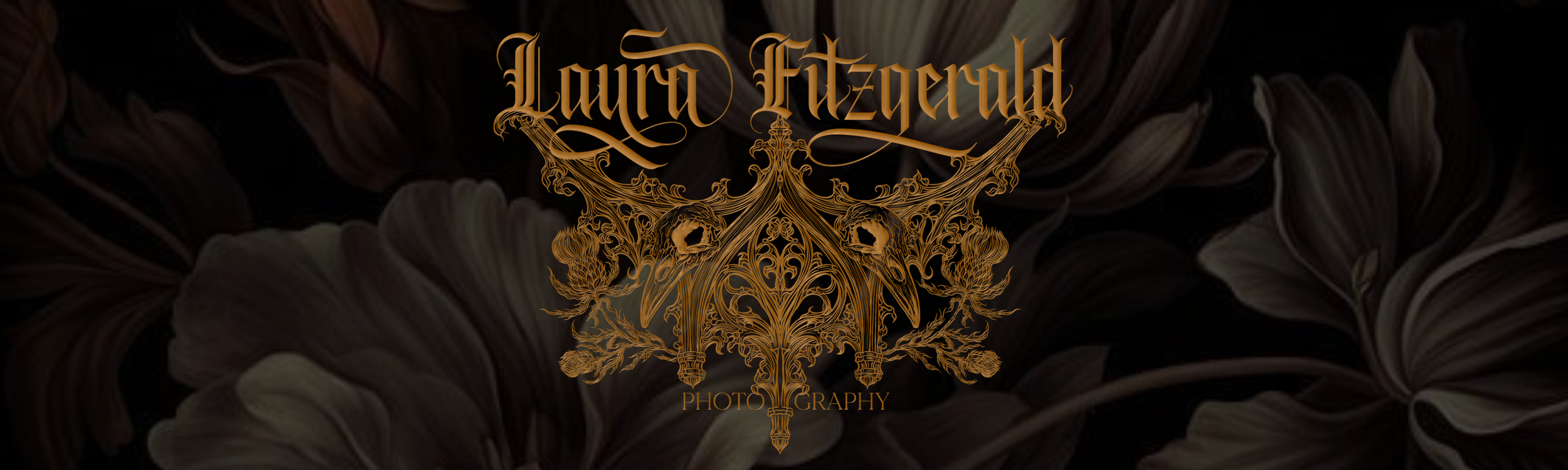 Dark background with floral patterns and ornate, gold-colored text that reads 'Laura Perezuretty Photography'.