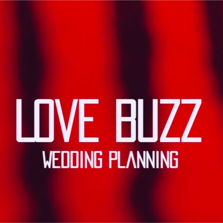 Text overlay reading "LOVE BUZZ WEDDING PLANNING" on a red and black blurred background.