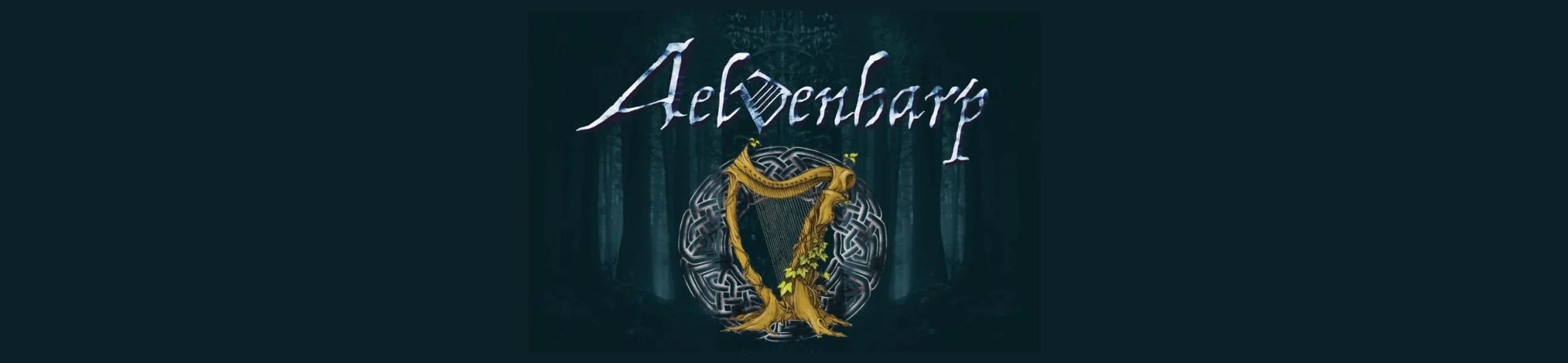 Fantasy forest scene with the text 'AelDverharp' at the top, a golden harp integrated with a tree trunk in the center, surrounded by tall dark trees.