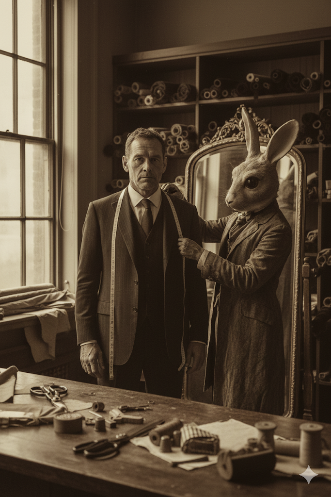 A man in a suit with a measuring tape around his neck is standing next to a person with a rabbit's head, wearing a coat, in a tailor's workshop. The workshop has shelves with rolled fabric and sewing tools, a large mirror, and a table with sewing sup