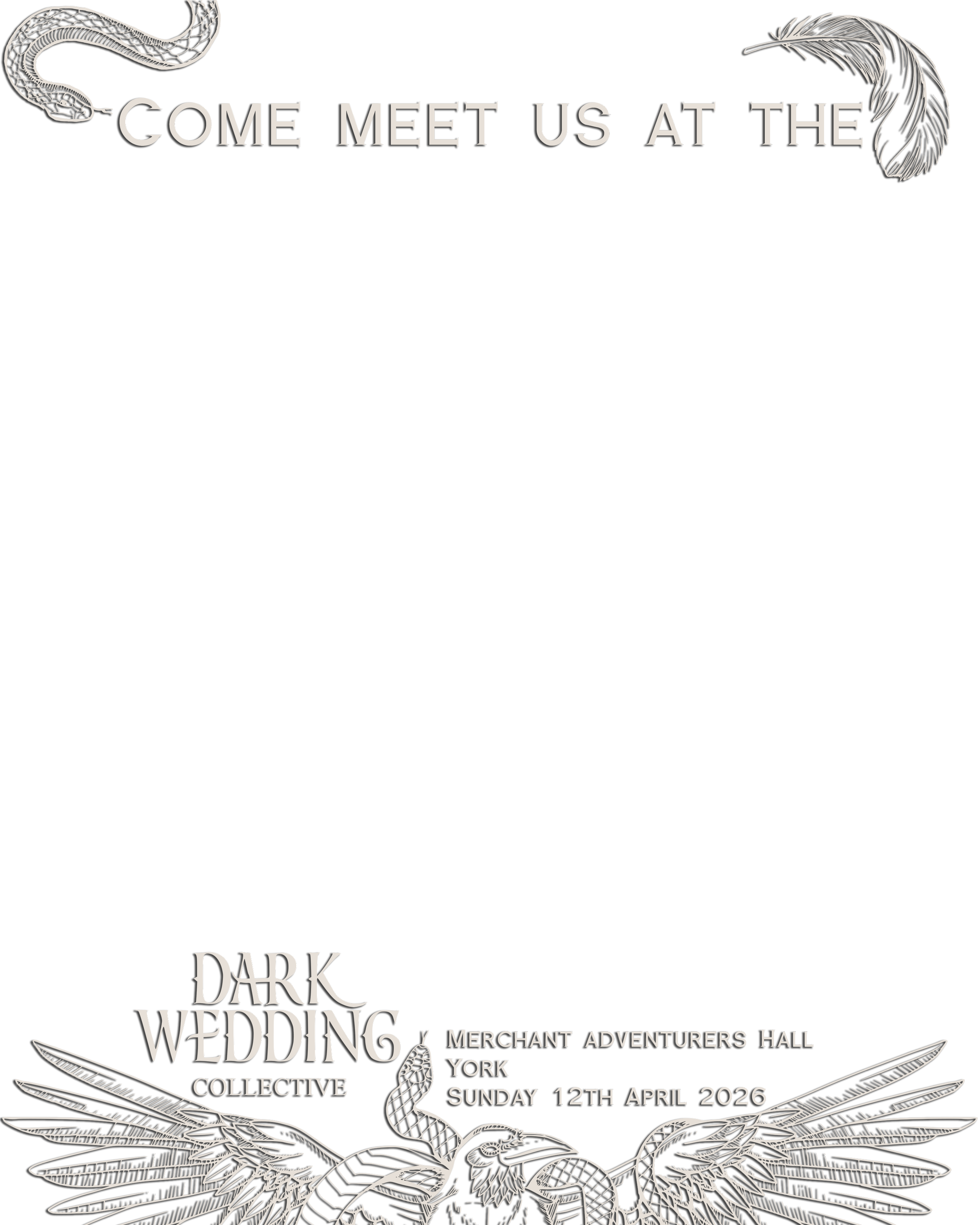 Black invitation or flyer with silver snake and eagle designs, promoting a dark wedding event at Merchant Adventurers Hall in York on Sunday, April 12, 2020.