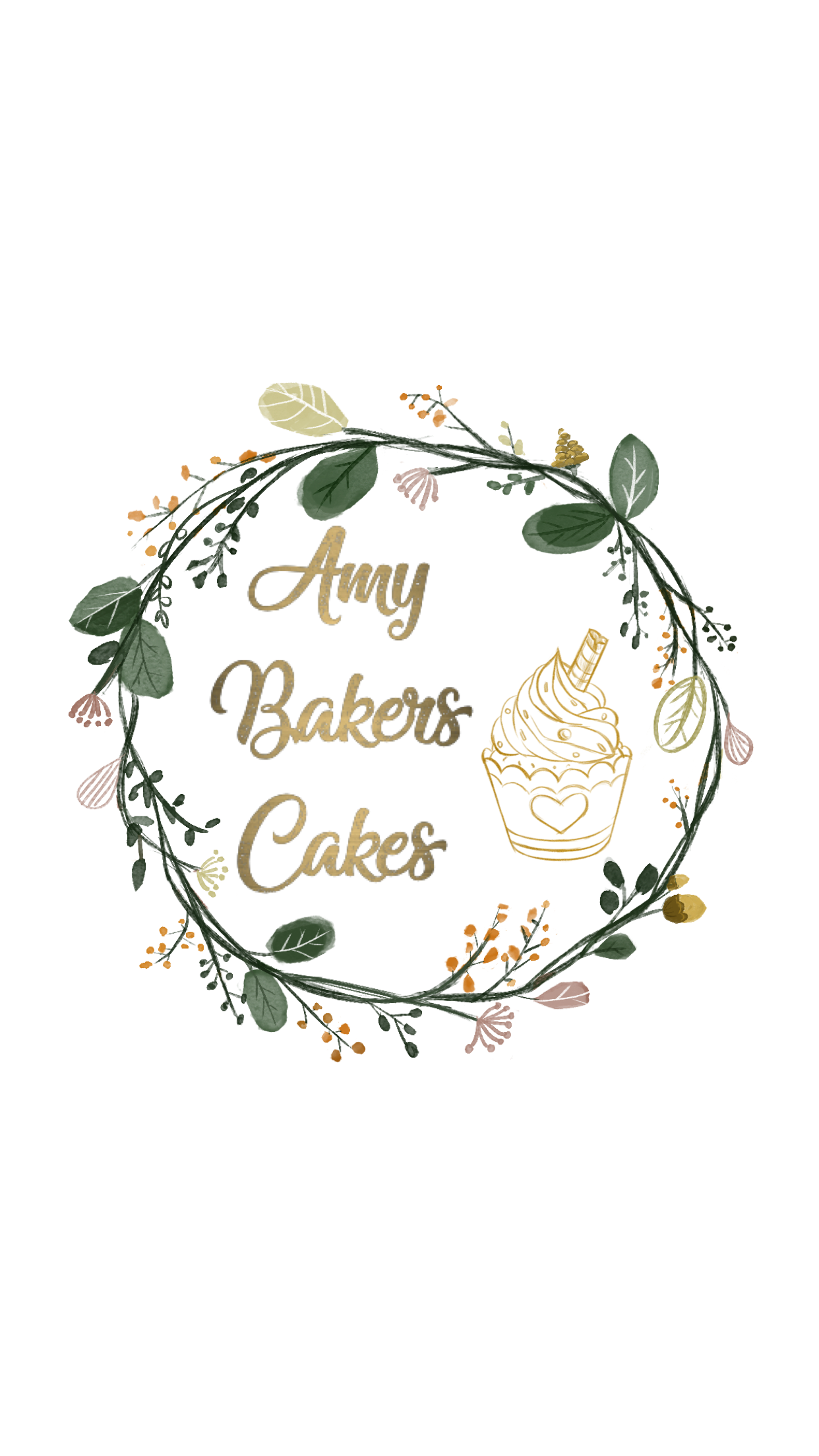 Decorative sign that reads 'My Baker's Cakes' surrounded by a wreath of green leaves and featuring a cupcake illustration.