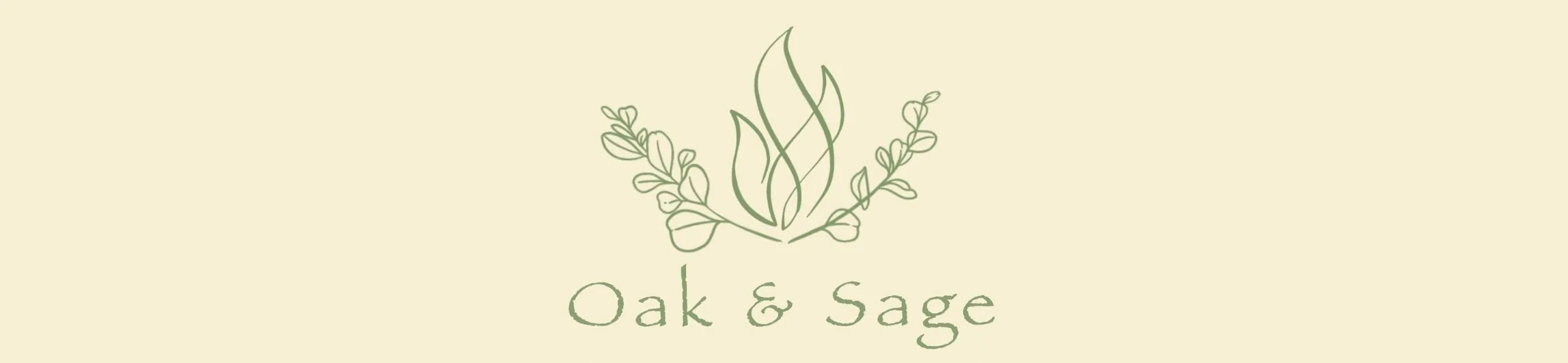 Logo for Oak & Sage, featuring a stylized sage leaf with decorative foliage around it and the text "Oak & Sage" underneath.