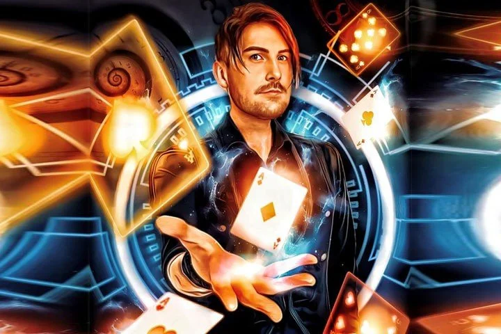 A man with styled hair and a black leather jacket surrounded by glowing fantasy card symbols and digital effects, suggesting a magic or digital card trick.