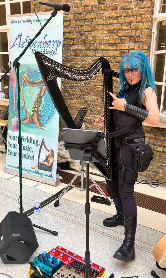 A woman with bright blue hair, black makeup, and goth style clothing playing a large harp-like instrument at an outdoor event. There is a banner for Alison Ewe Wedding Hairs & Weddings in the background, and music equipment in front of her.