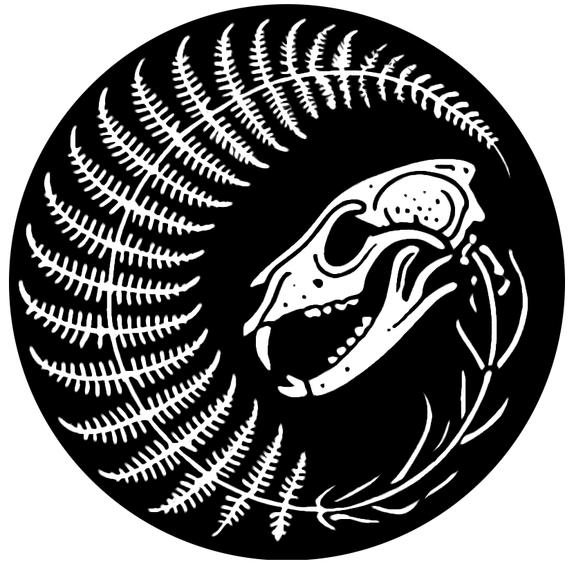 Black and white illustration of a curled fern leaf and a dinosaur skull in a circular arrangement.