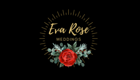 Elegant wedding logo with a red rose, eucalyptus leaves, and gold accents, featuring the text 'Eva Rose Weddings'.