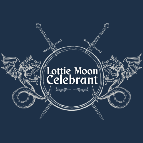 Design with two dragons, crossed swords, and the text 'Lottie Moon Celebrant' on a dark background.