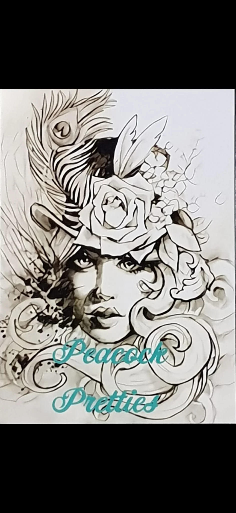 Black and white line drawing of a woman's face with flowing hair, adorned with a large flower, and a peacock feather. The words 'Peacock Potties' are written in blue text at the bottom.