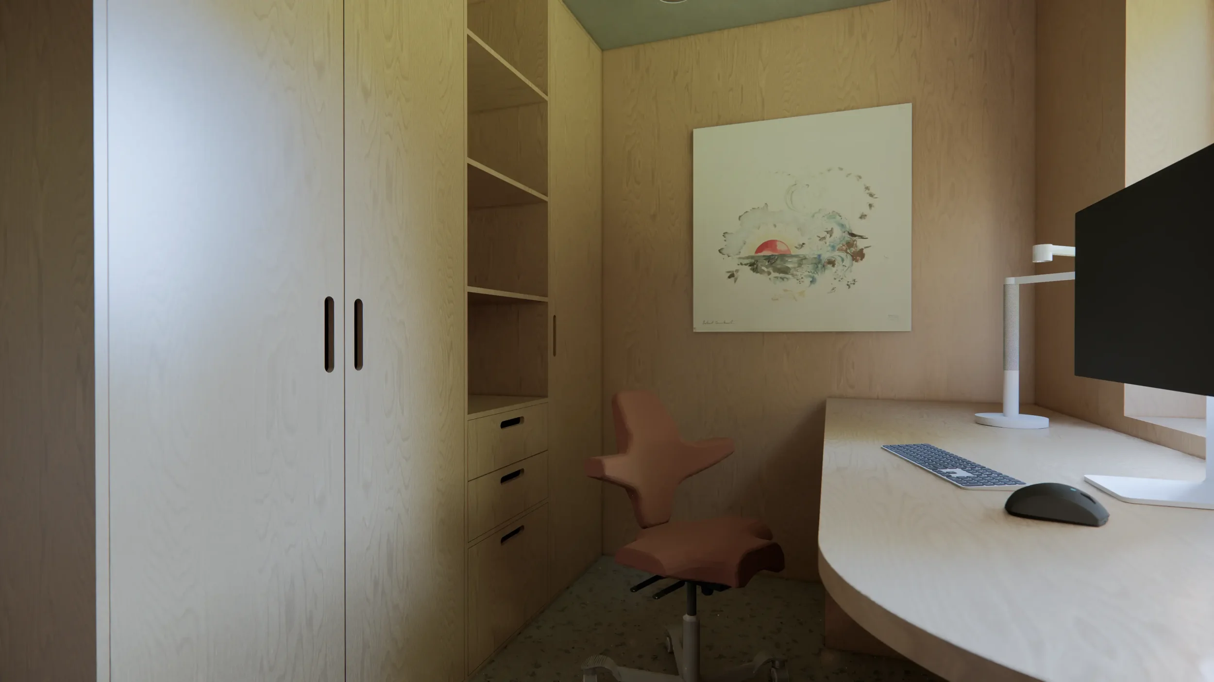 Projekt gabinetu w mieszkaniu – nowoczesna aranżacja home office z drewnianym biurkiem, ergonomicznym fotelem i zabudową na wymiar.