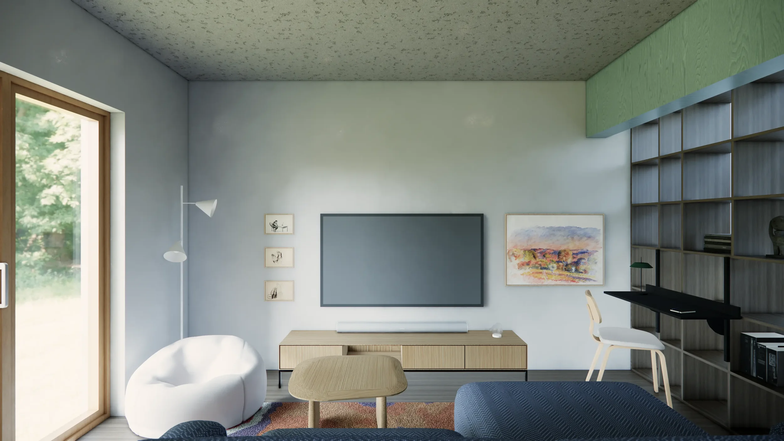 Projekt salonu w mieszkaniu – nowoczesna aranżacja strefy dziennej z jasną sofą, drewnianą podłogą i minimalistycznymi meblami