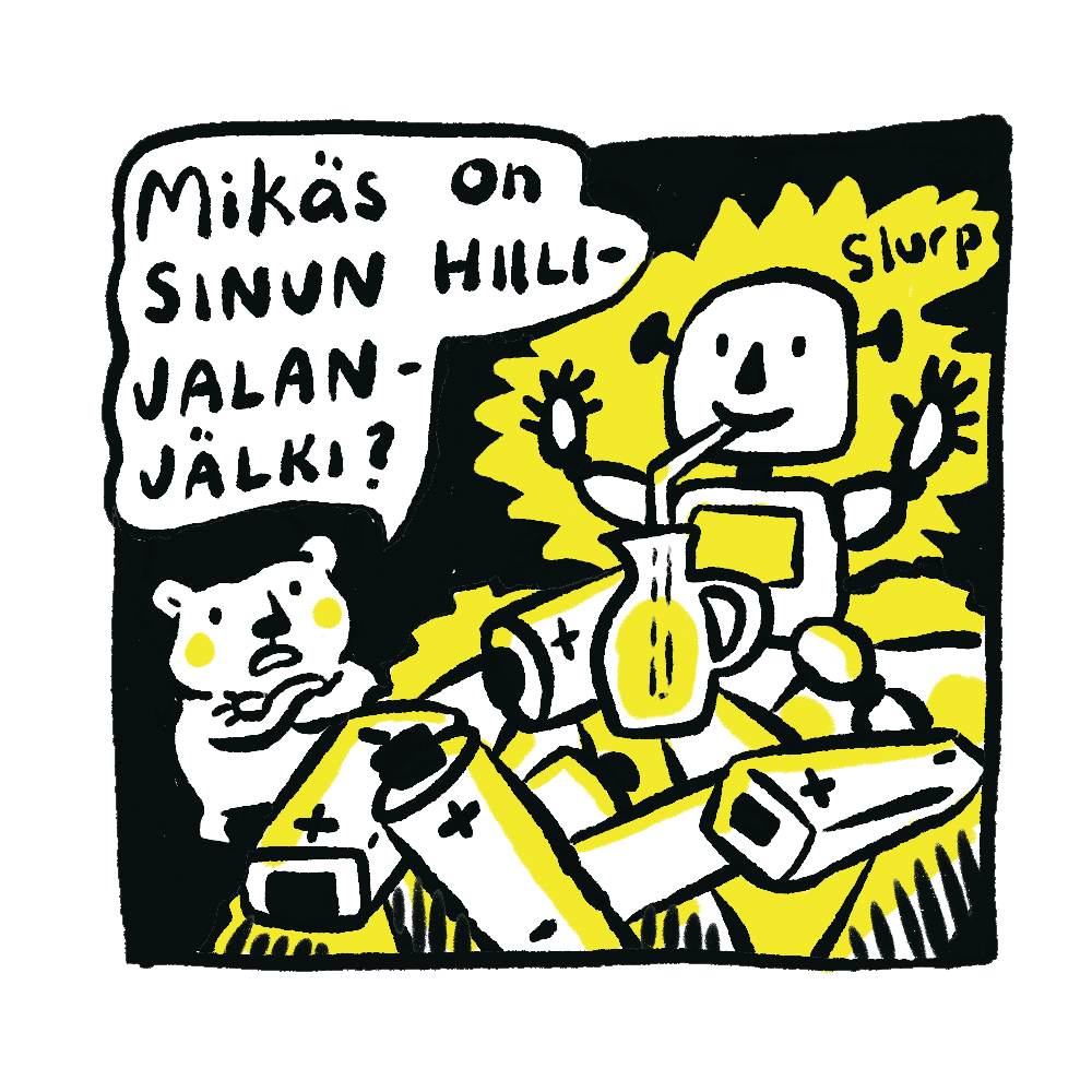 Piirroskuva jääkarhusta ja robotista keskustelemassa. Jääkarhun vieressä on puhekupla: 'Mikäs on sinun hiilijalanjälki?'. Robotti on ison patterikasan päällä ja juo vettä isosta kannusta. robotin pään vieressä on sana 'Slurp'.