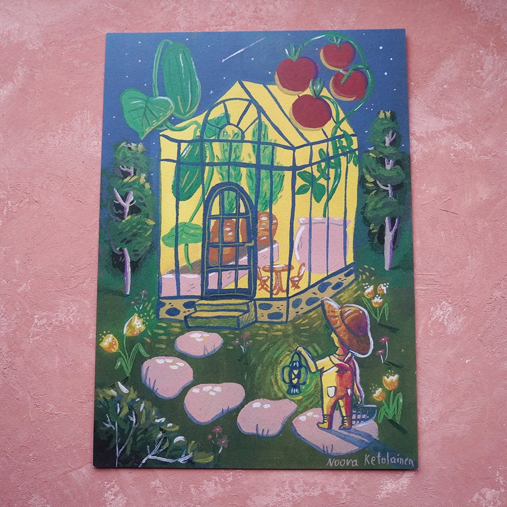 Värikäs maalaus, jossa on vihreä kasvi- ja kukkatarha ja lasinen kasvihuone yöllä. Piirroksessa on puutarhuri, ja kasvien ja kukkien värejä on runsaasti.