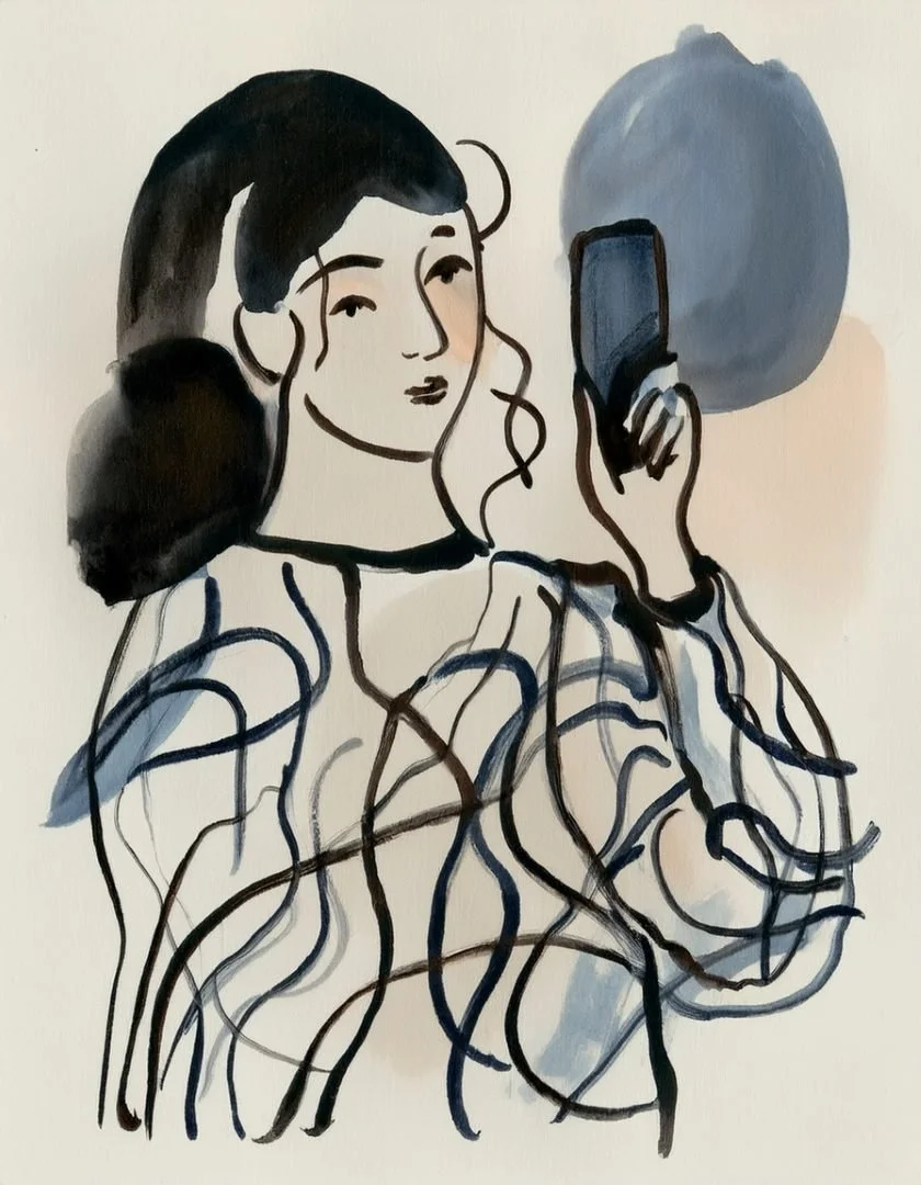 inky illustration of a woman looking at a mobile phone