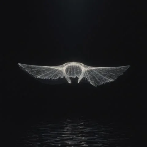White moth with spread wings hovering over dark water.