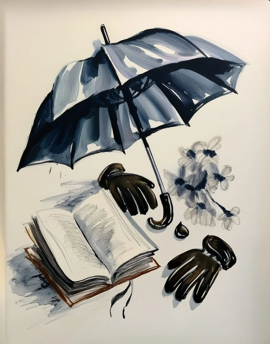 inky illustration of umbrella, gloves and a book used in the liminal archive