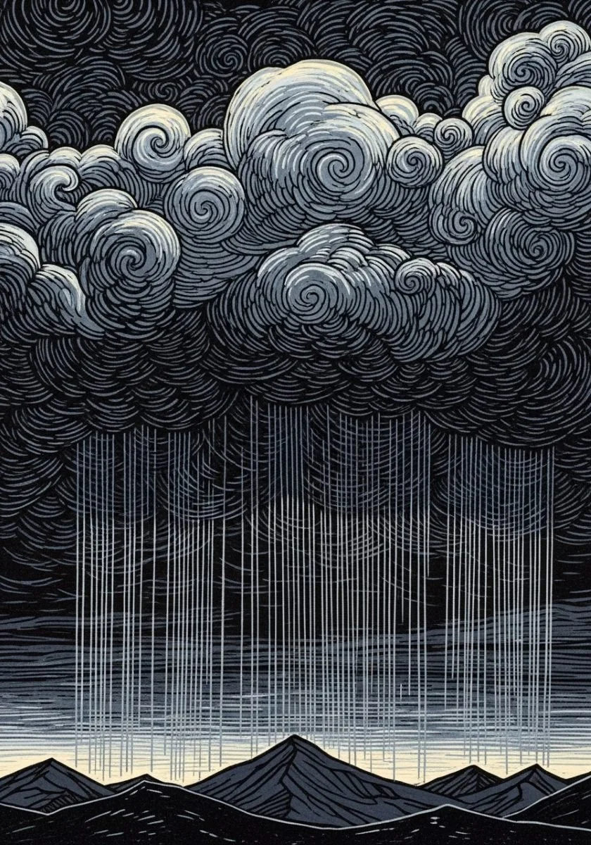 Illustration of dark mountains beneath heavy clouds with long streaks of falling rain.