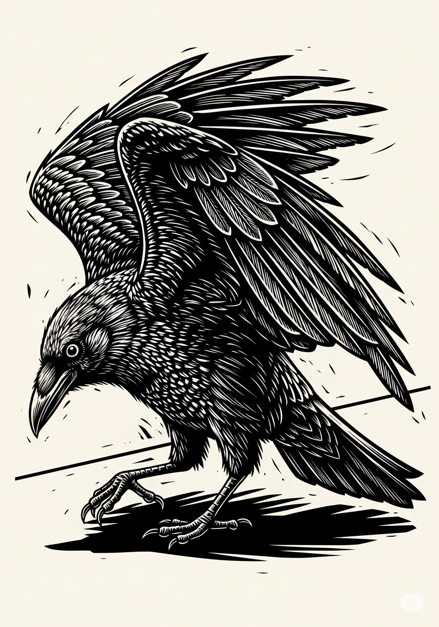 high-contrast, graphic linocut style illustration of a raven with detailed feather texturing and a stark expression. 