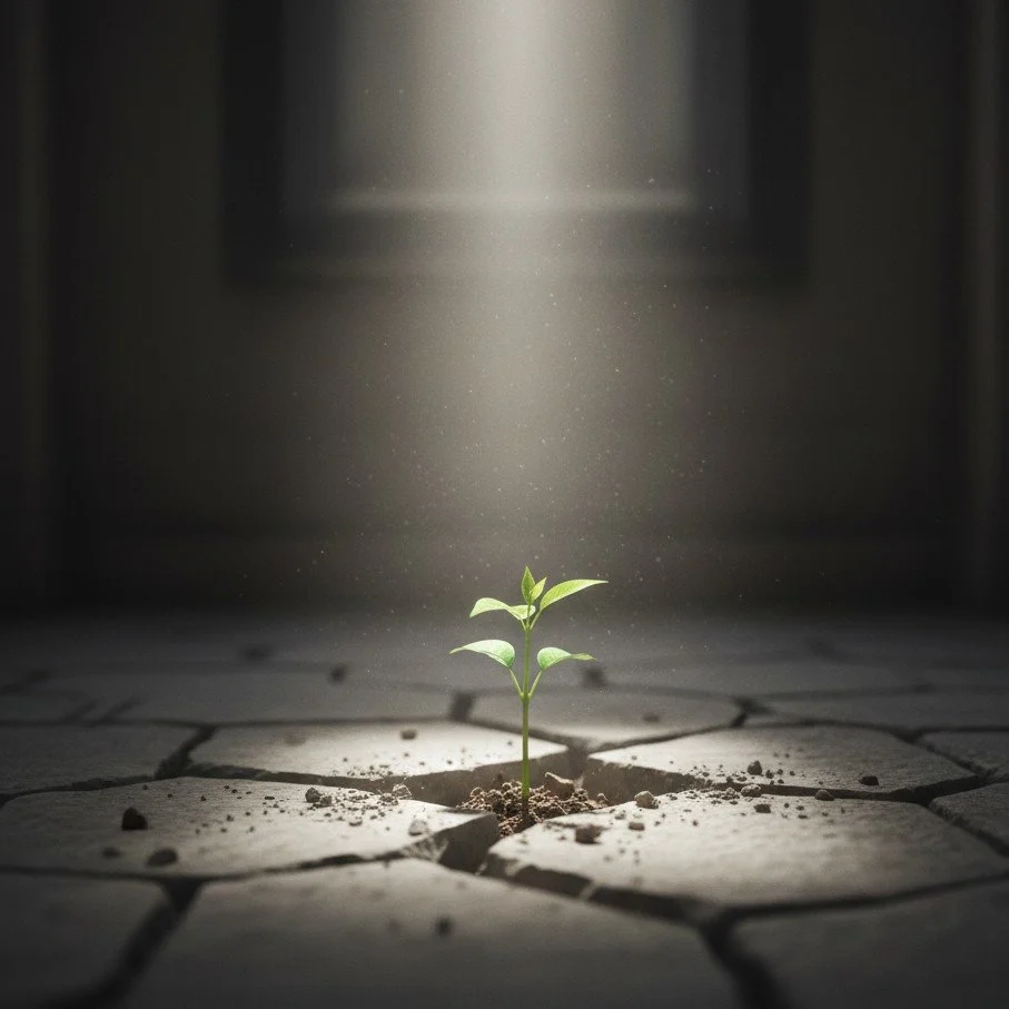 Small green sprout emerging from cracked dry earth under a beam of light.