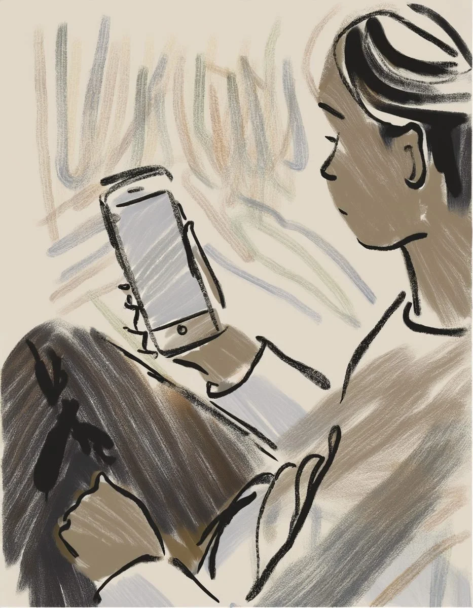 inky illustration of a woman looking at a mobile phone