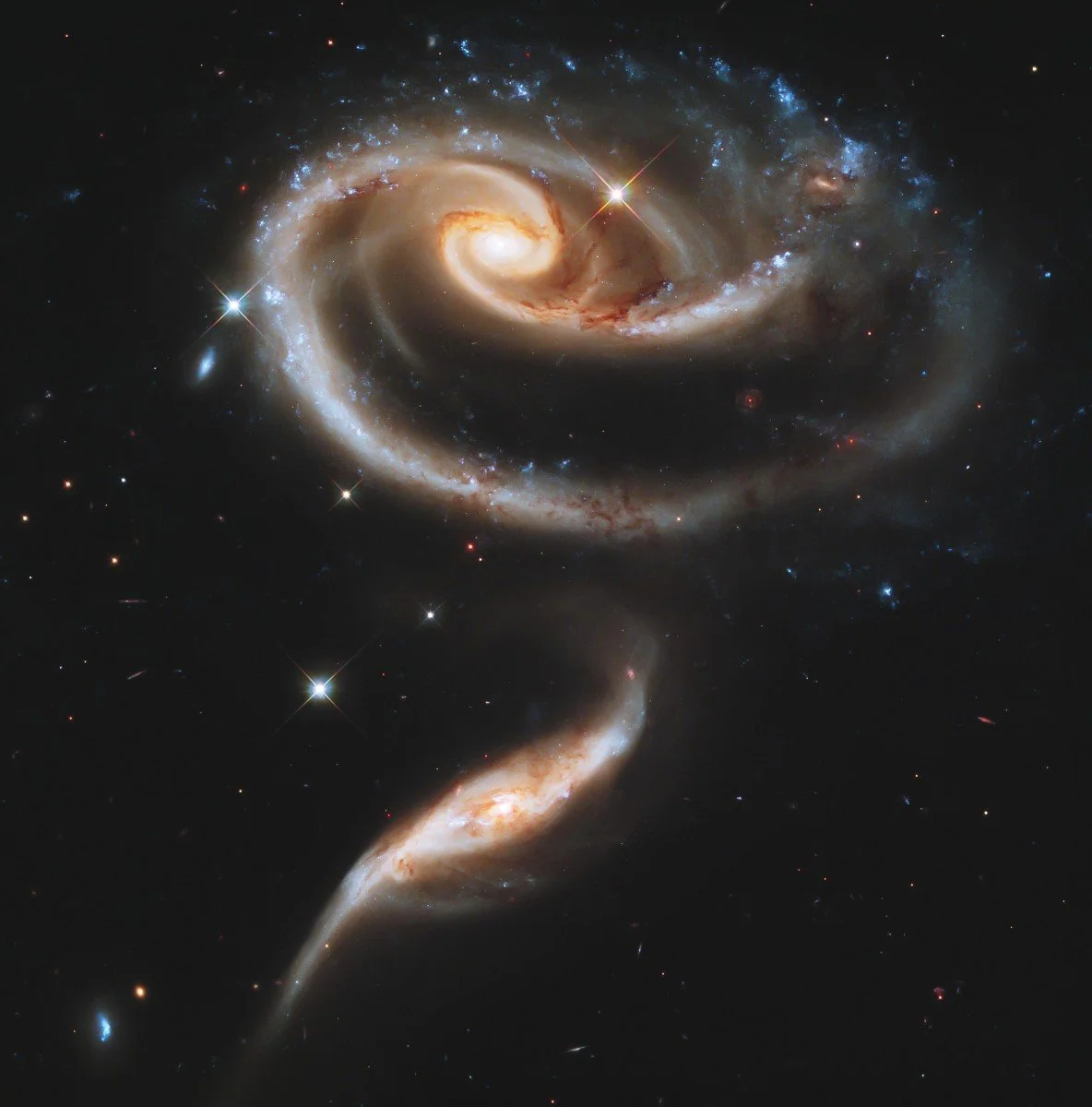 An image of a spiral galaxy with a long, curved tail extending outward, surrounded by stars and cosmic dust.