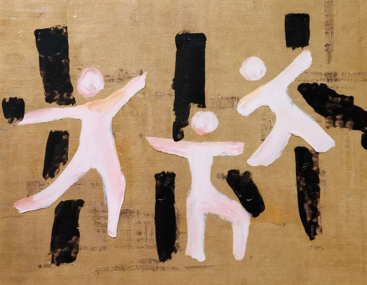 Abstract painting featuring three stylized human figures in pink and white, with black geometric shapes on a textured beige background.