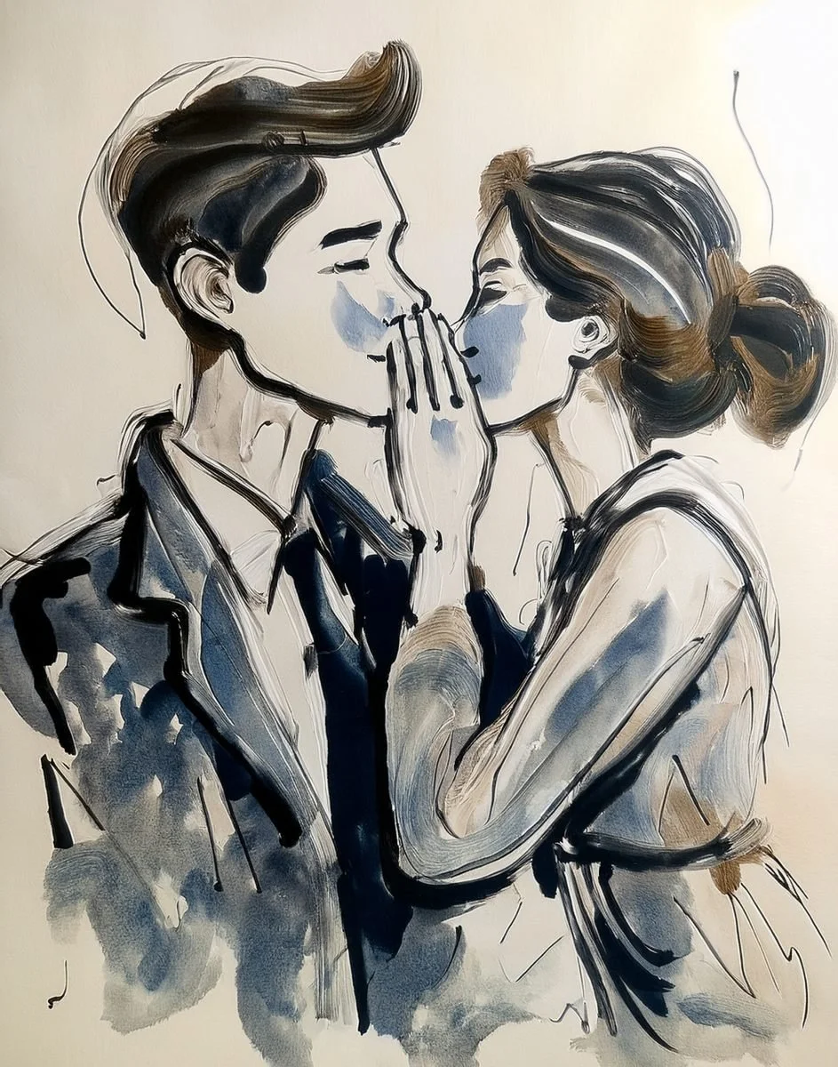 ink and watercolour illustration of a woman whispering to a man, for the Liminal Archive