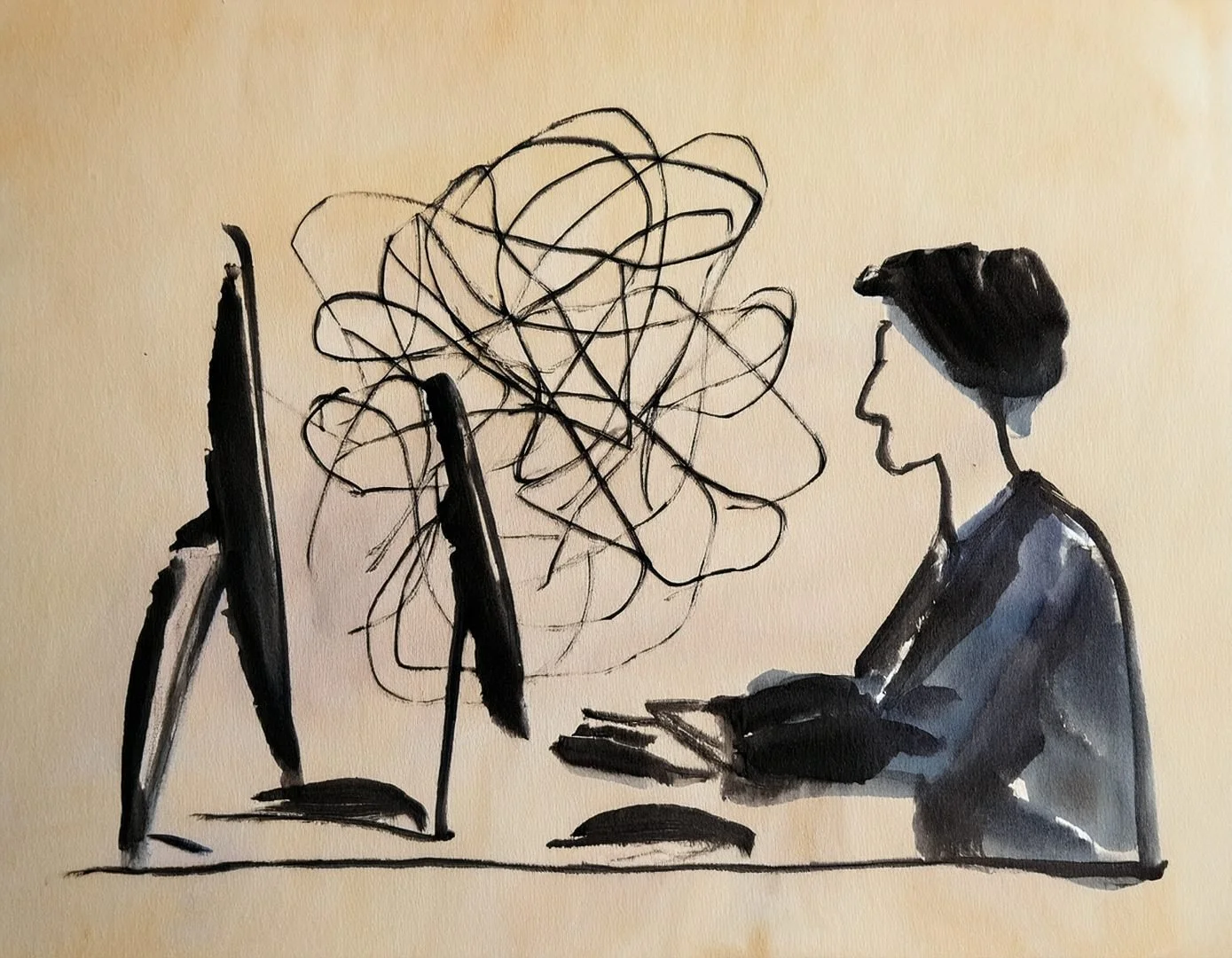 An ink drawing of a person sitting at a computer. Tangled, chaotic scribbles emerge from the monitor, representing the overwhelming or complex nature of AI-generated output.
