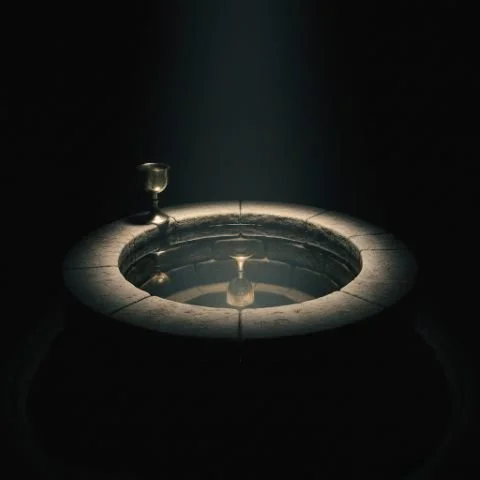 Ancient stone well filled with still water under a narrow beam of light.