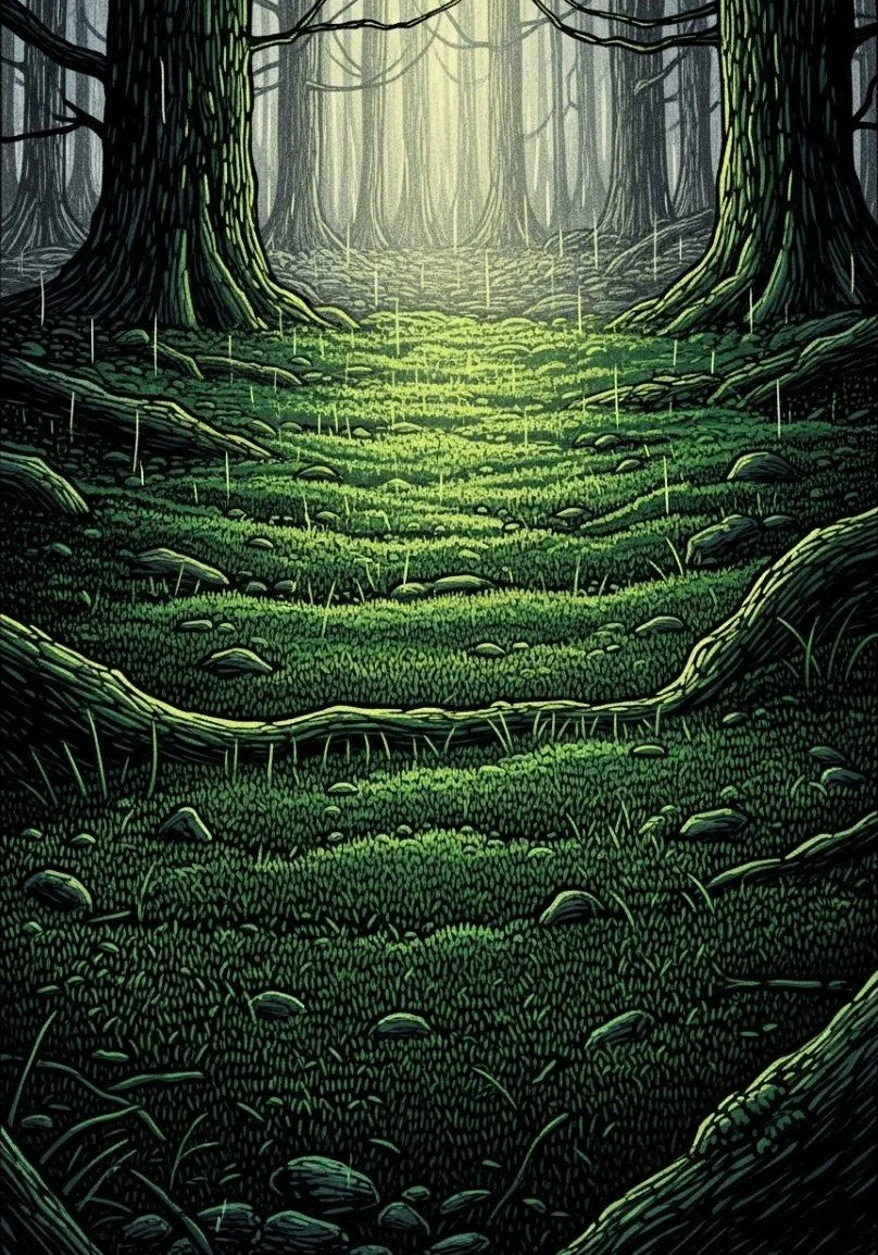 Illustration of a moss-covered forest floor forming natural steps between tall trees.