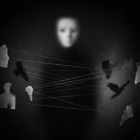 Shadowy human figure manipulating puppet strings connected to silhouetted figures.