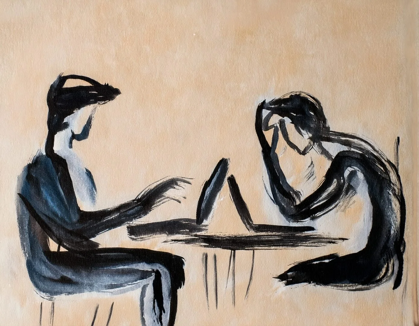 Two figures sit across from each other at a table, rendered in dark ink washes. They appear to be in deep conversation or contemplation, emphasizing the human element behind information sources.