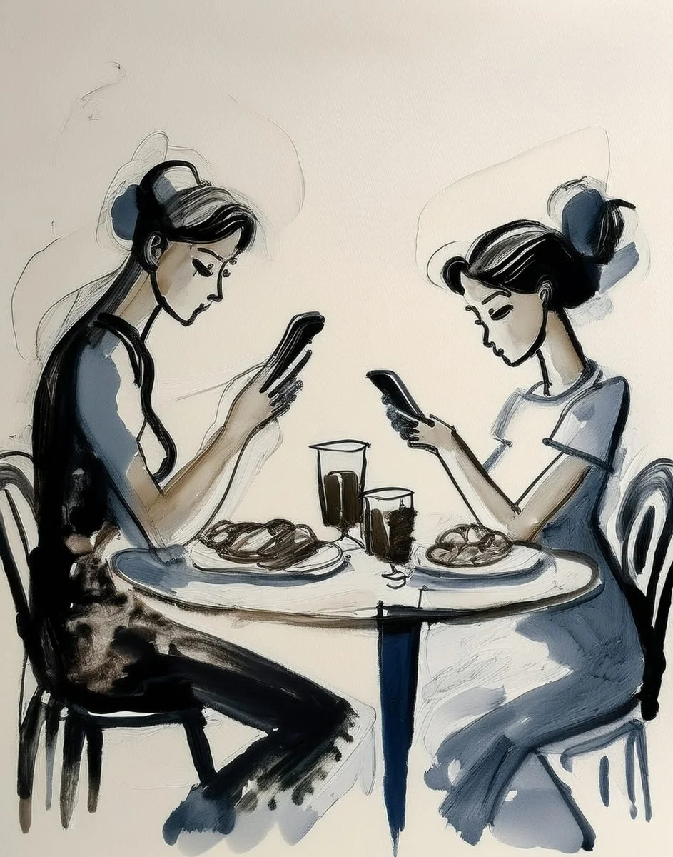 ink and watercolour illustration of two women seated at mealtime looking at their phones,  for the Liminal Archive
