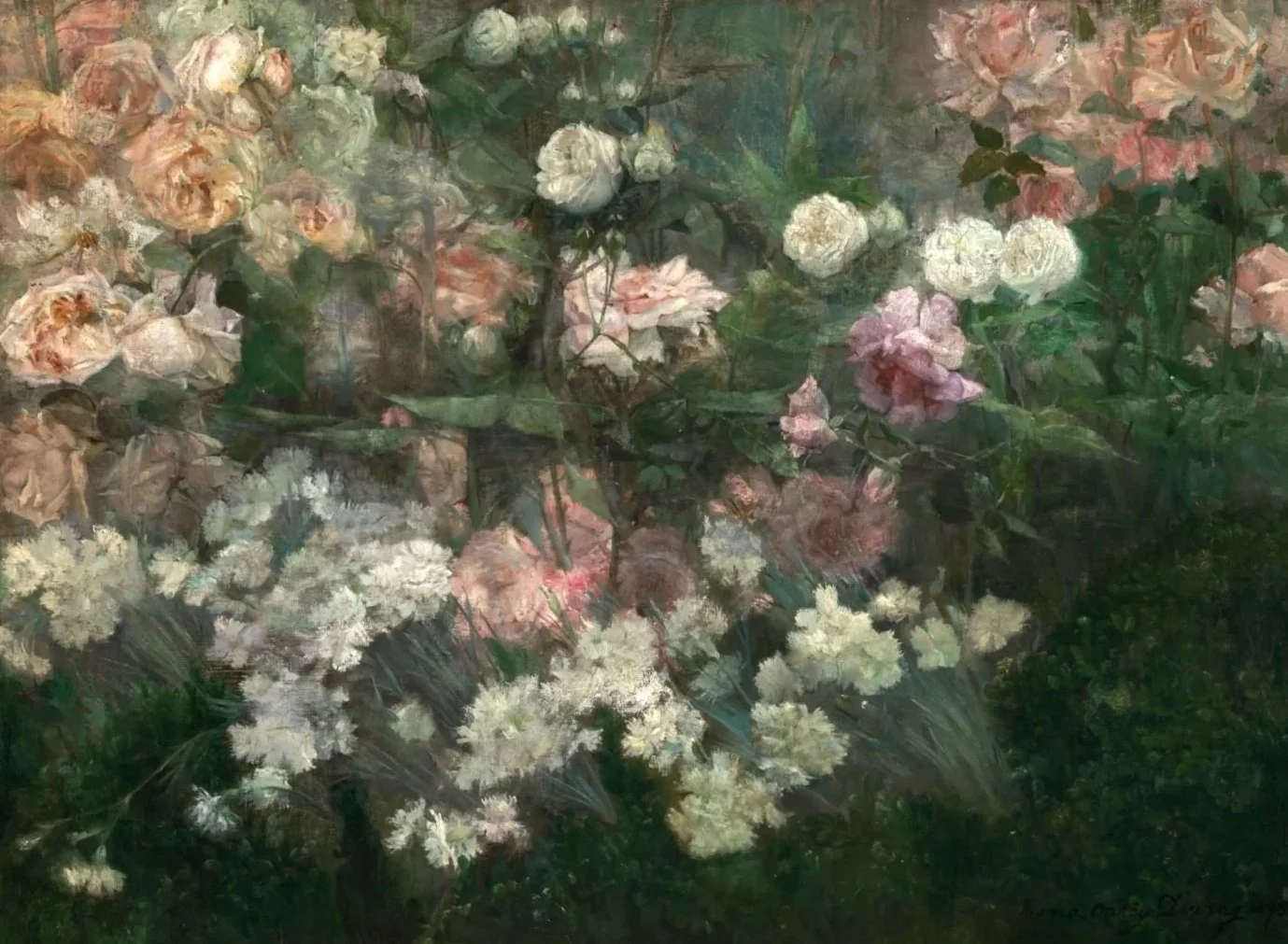 muted florals, peach white and pink roses