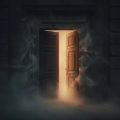 Open doorway glowing with warm light in a dark misty corridor.