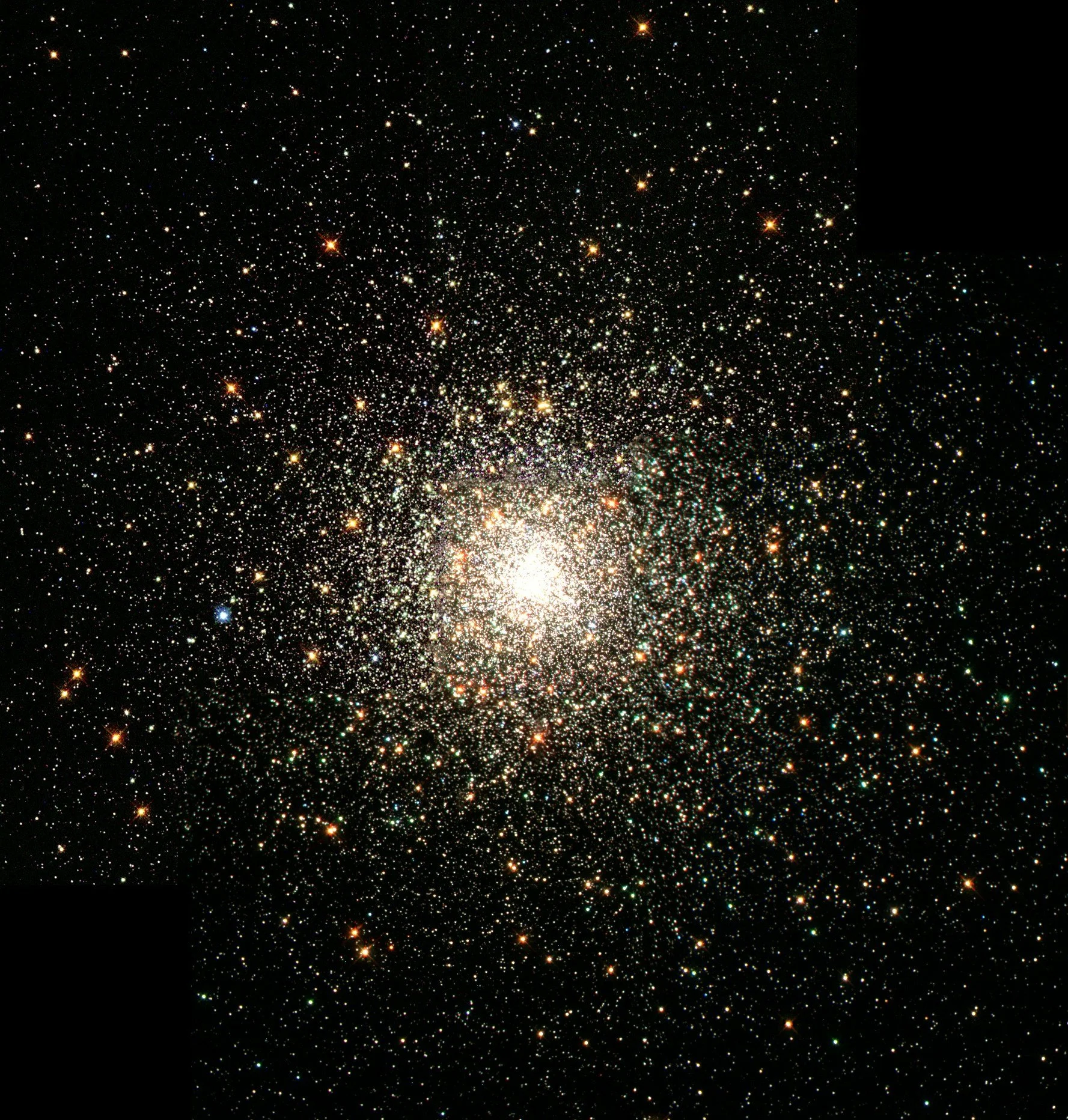 A dense star cluster in space with many bright stars and a glowing core.