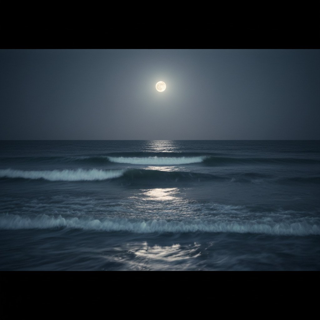 Moonlit ocean waves rolling toward shore beneath a bright full moon in a dark sky.