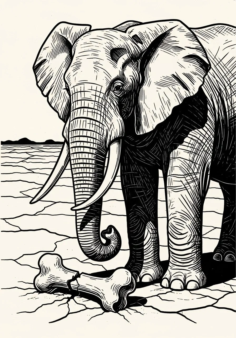 Ink illustration of an elephant standing on dry earth beside scattered bones.