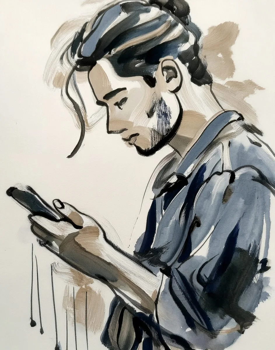 inky illustration of man looking at a phone used in the liminal archive