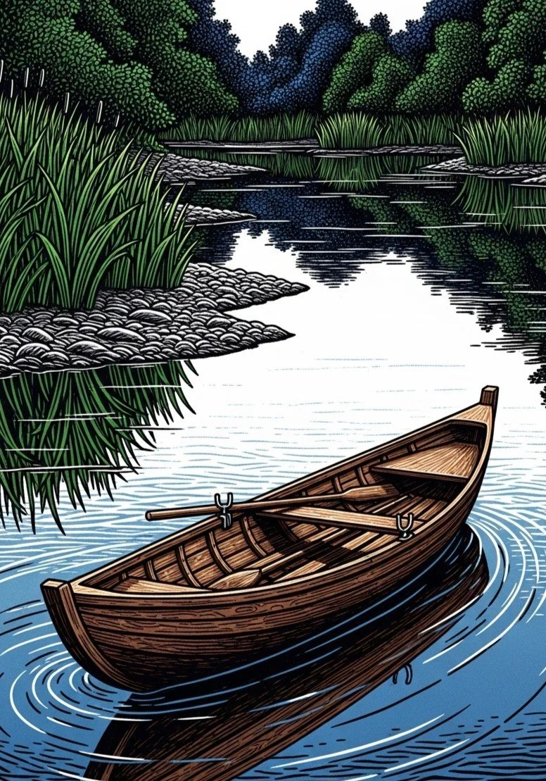 Illustration of a small wooden boat floating on a calm river surrounded by green reeds and trees.
