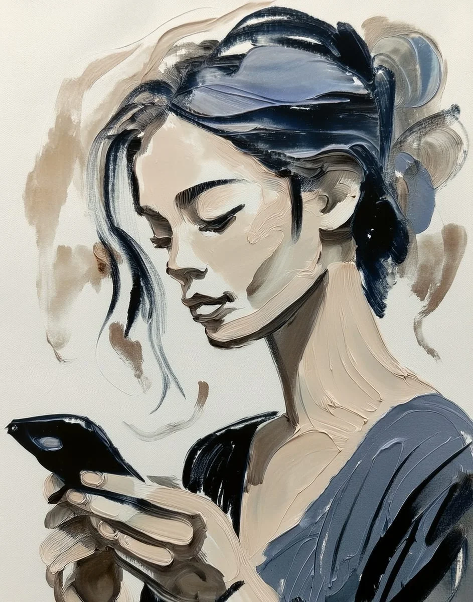 inky painting of woman looking at phone used in the liminal archive