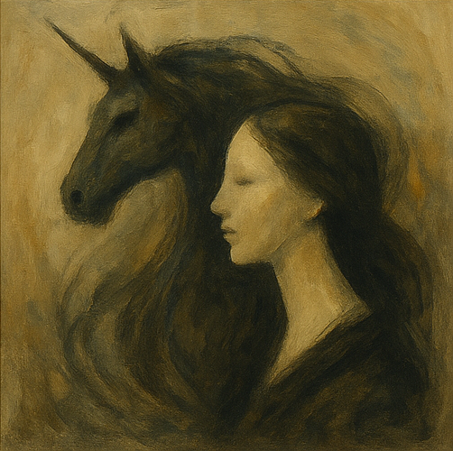 atmospheric oil painting of a black horse and a woman in profile