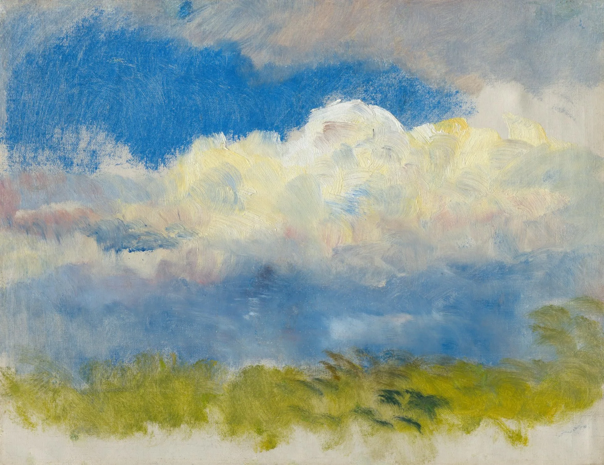 Soft impressionist painting of clouds illuminated by sunlight against a blue sky.
