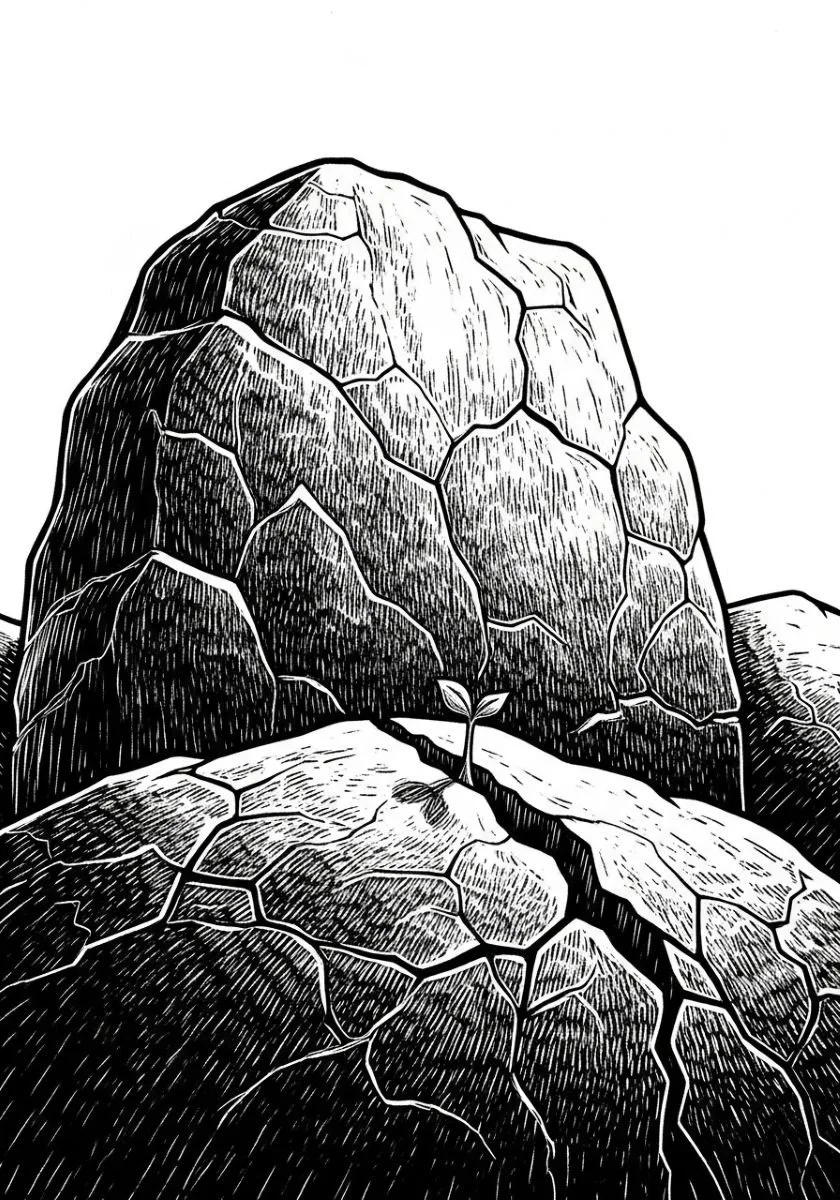 Black-and-white illustration of a large cracked stone resting on smaller rocks.