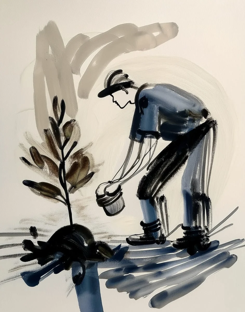 ink and watercolour illustration of a man planting a tree, for the Liminal Archive