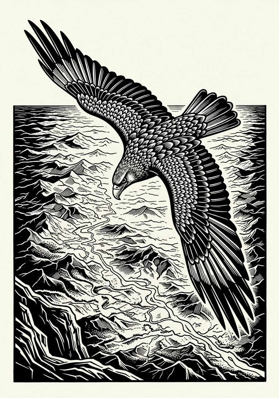 lino-cut style illustration of a hawk flying over mountains