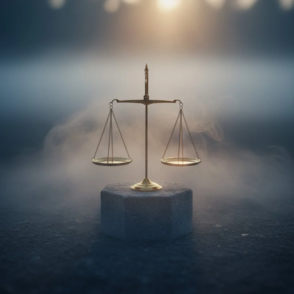 Golden balance scales standing on a stone pedestal in misty light.